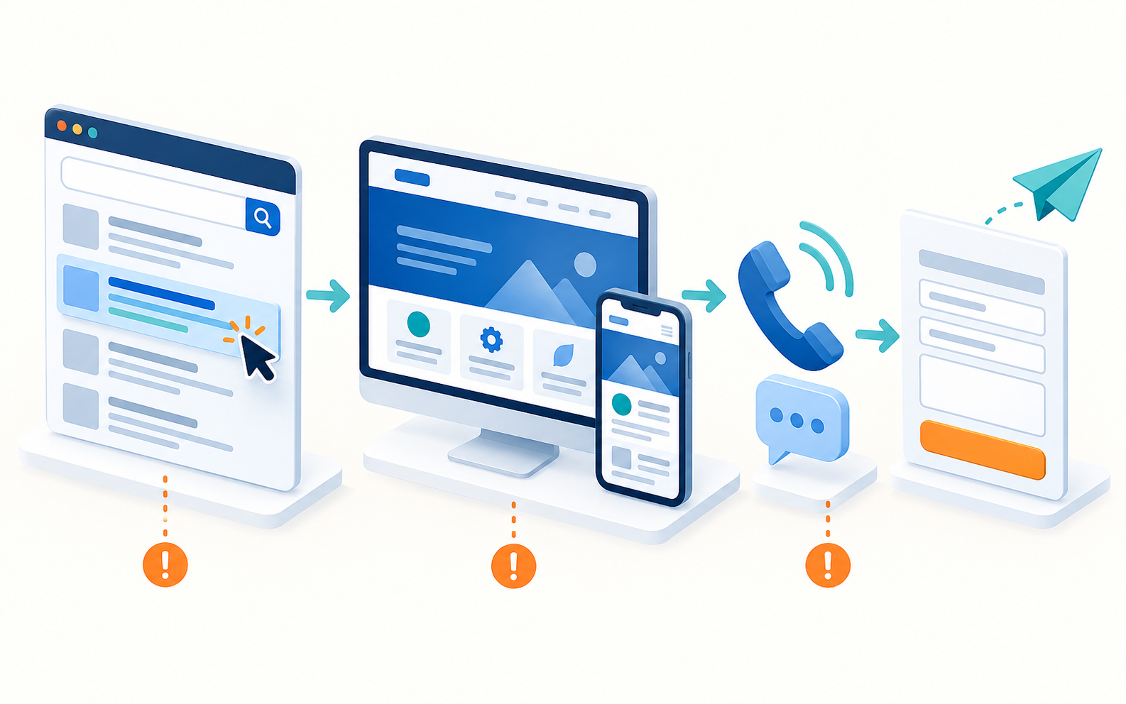 Parcours entre résultats Google, visite d’un site et prise de contact à vérifier