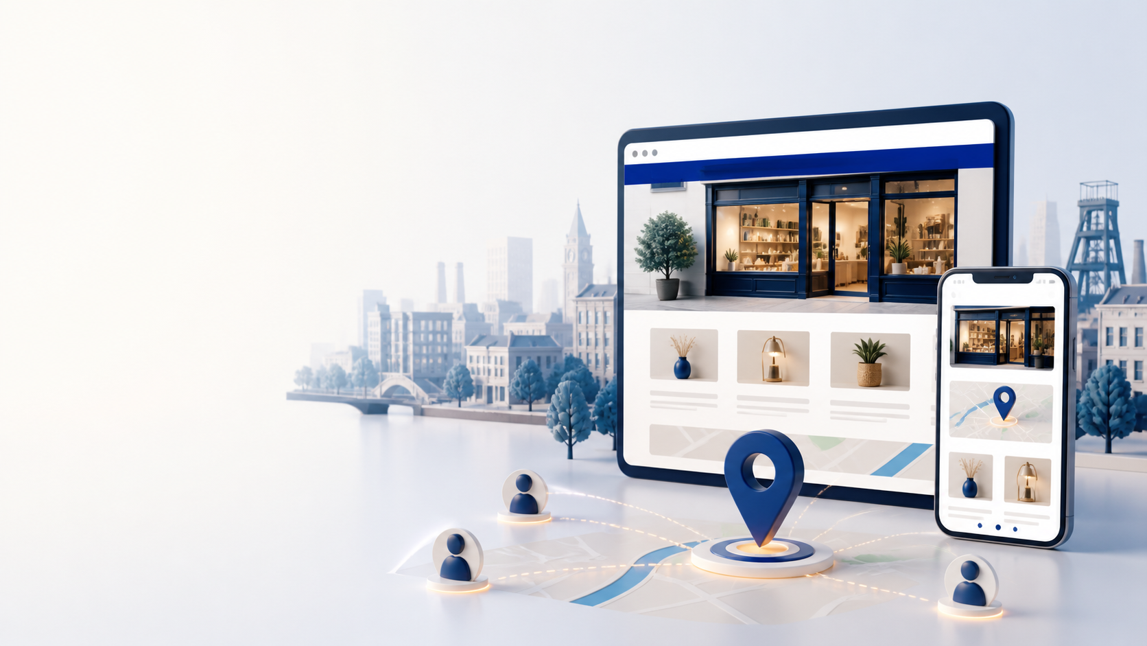 Illustration d'une entreprise locale de Charleroi gagnant en visibilité grâce à son site internet, sur ordinateur et smartpho