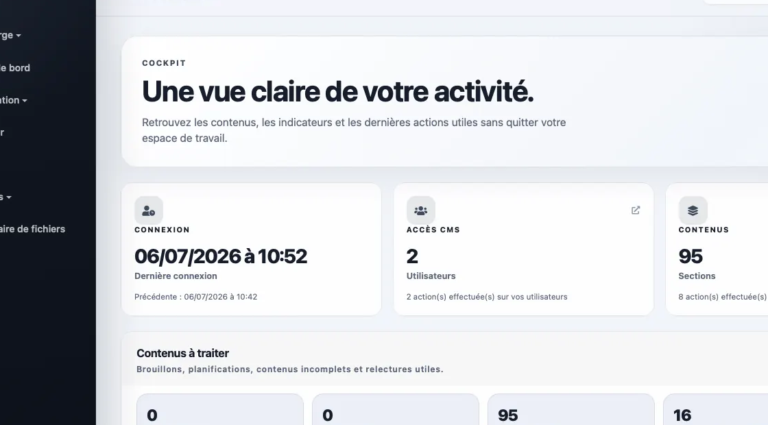 Vue des indicateurs et contenus à traiter dans le CMS WebPassions