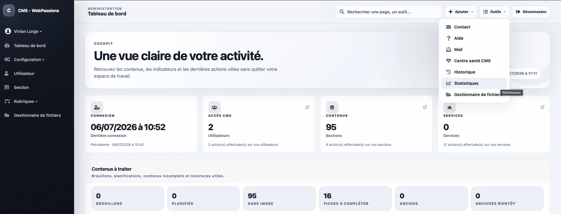 Tableau de bord du module d’administration WebPassions